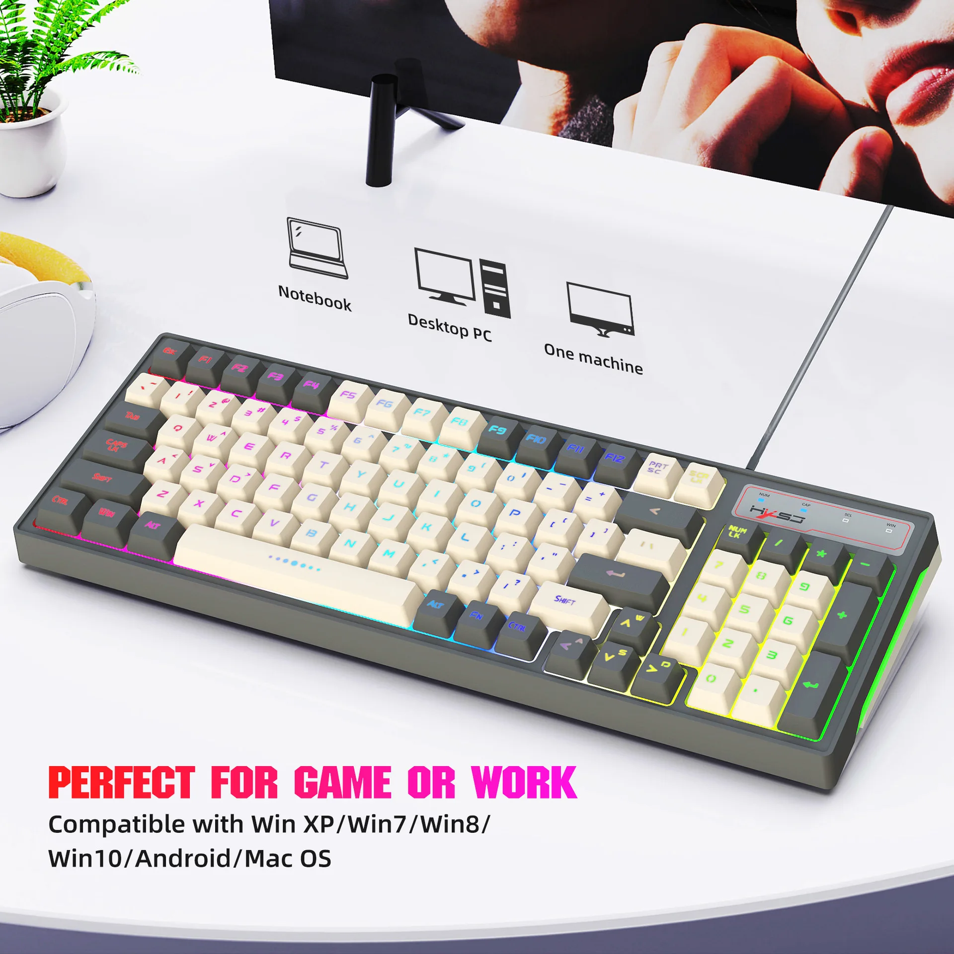 

Office keyboard wired gaming keyboard 96-key RGB backlit two-color injection molding gray and white gaming keyboard