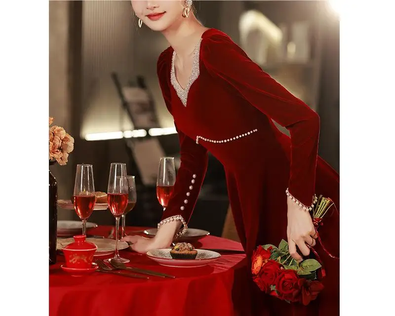 

HA 226 Toast dress bride summer long sleeve wine red engagement dress