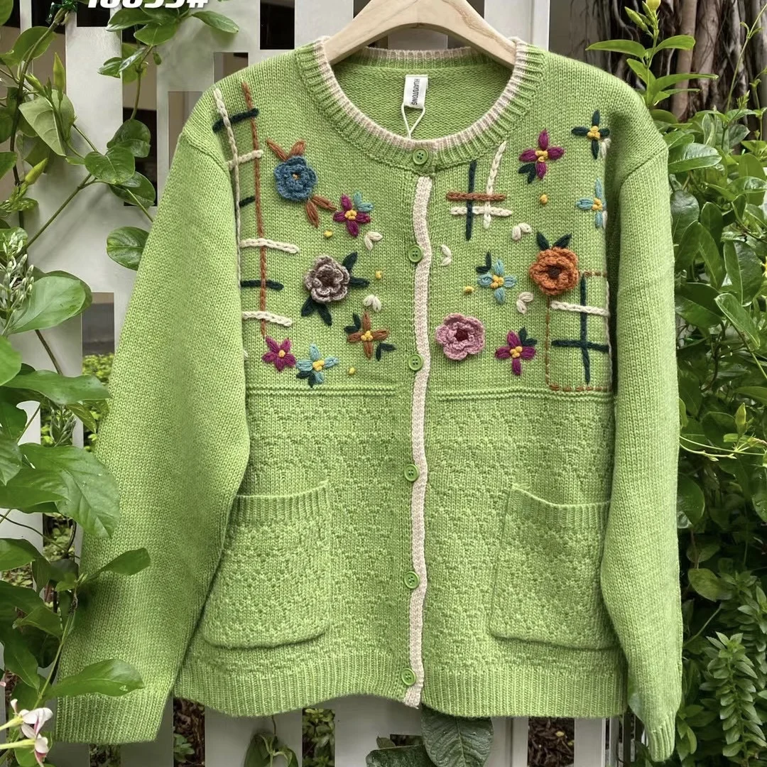 

Mori Sweet Handmade Flowers Knitted Sweater Women's Long Sleeve Single Breasted Sweater Female 16055