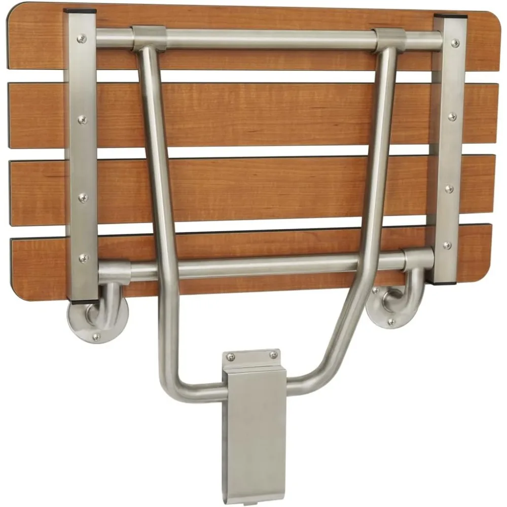 Brown wall mounted bathroom chair Folding Wall Mount Bathroom Shower Seat Bench, Teak Phenolic Seat Installed in the shower 6