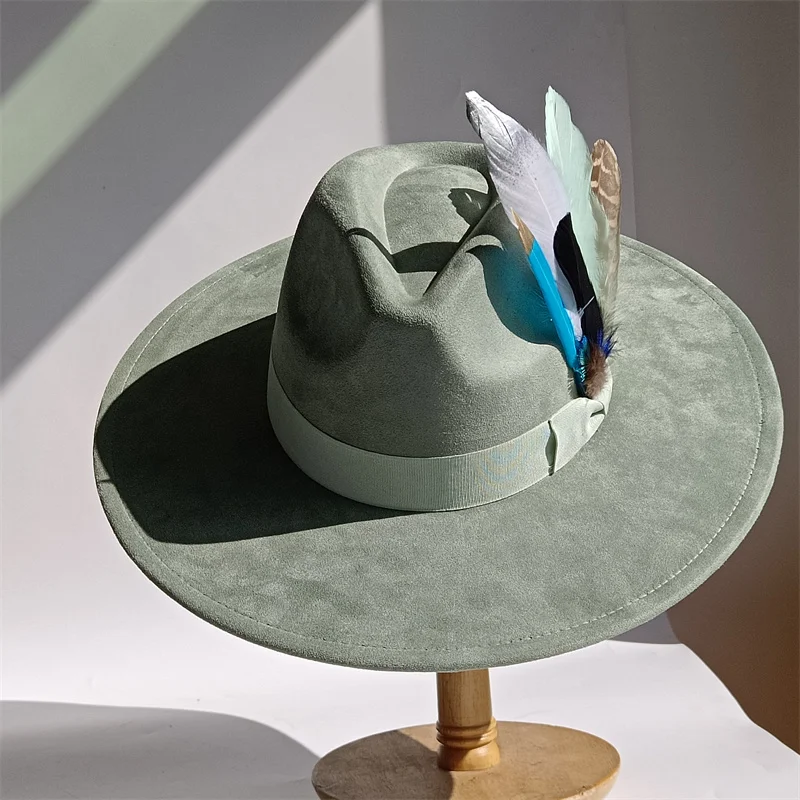 Lila Federn Wildleder Zylinder 9,5 cm breite Krempe Fedora Hut Männer Frauen Herbst Winter Filz Jazz Hüte klassische Kirche Fedoras Sombrero – Detail 17