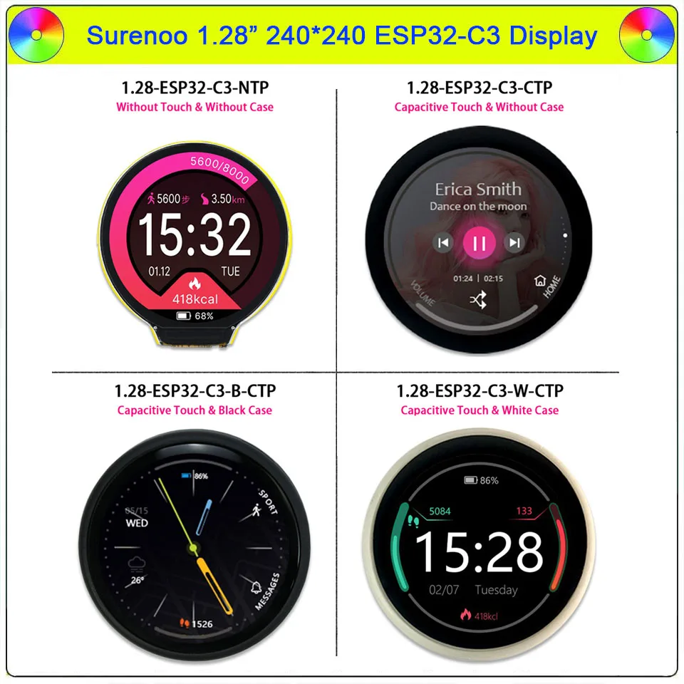 

1.28 Inch 240*240 Round Circular IPS ESP32-C3 HMI UI LCD Module Panel Display Screen Switch Key for 2nd Development