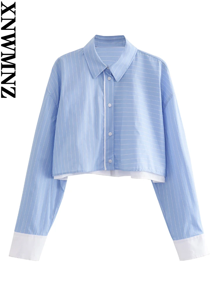 

XNWMNZ Women's Fashion 2023 Striped Poplin Crop Shirt Women Vintage Lapel Long Sleeve Front Button Female Blouse