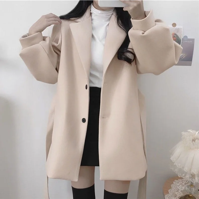 Autumn and Winter Fashion Wool Blended Black Long-sleeved Lapel Coat Women's Belt Slim Korean Coat All-match Women's Clothing