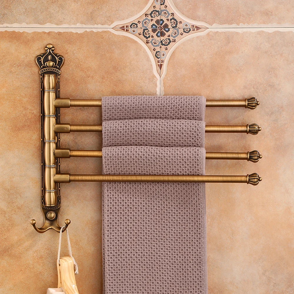 Antique Swivel Towel Hanger Carved Towel Bar Wall Mounted Folding Bathroom Rail Rack Elegant Bathroom Holder