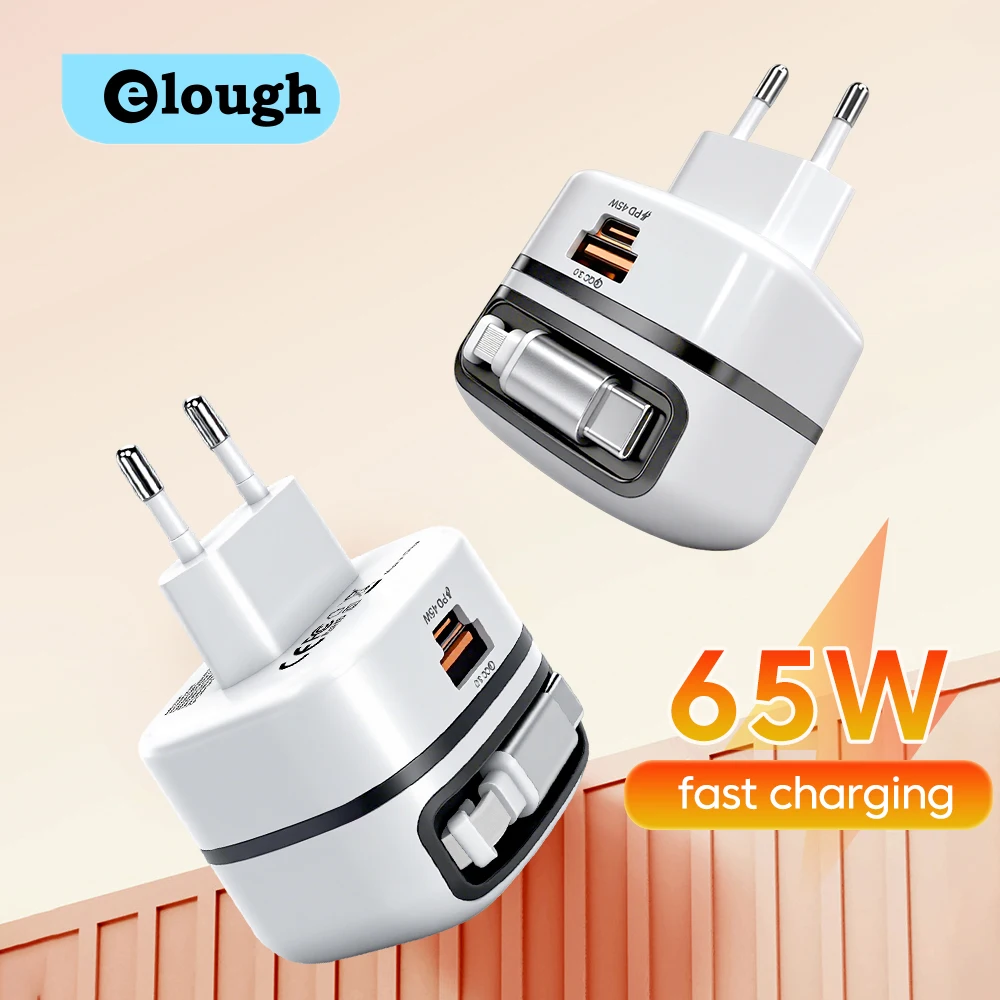 Universal 65W USB-C Charger with Telescopic Cable and EU/UK Plugs