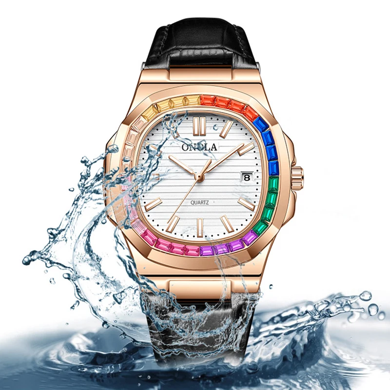Hot ONOLA Luxury Watch For Men Classic Design Quartz Wristwatch Business Fashion Leather Strap Diver Automatic Date Man Watches