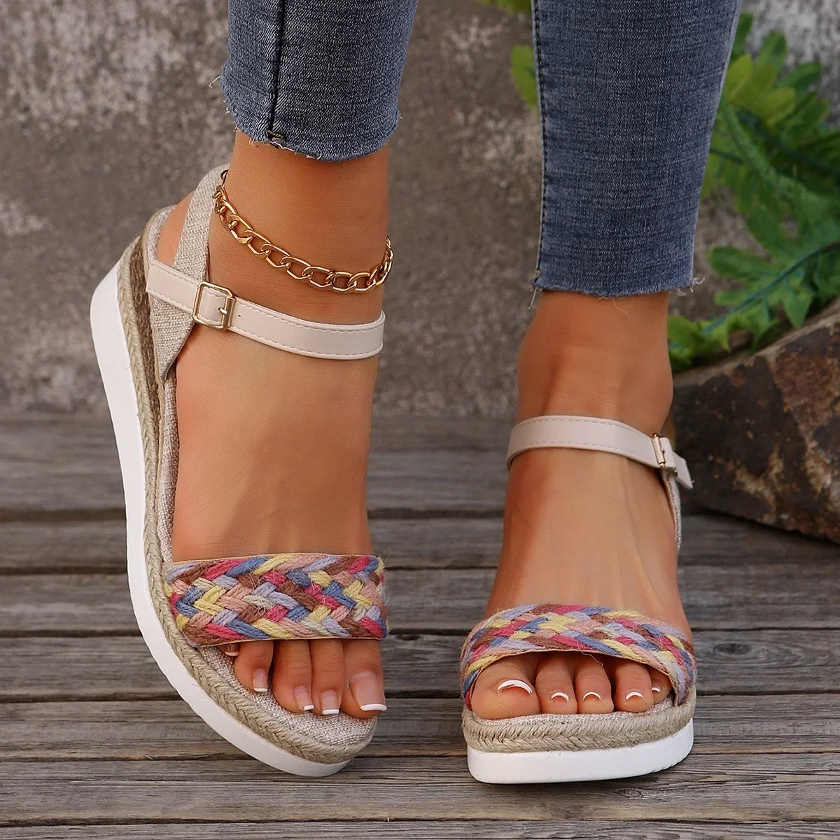Sommer frauen High Heel Sandalen Ferse Große Größe Bunte Geflochtenen Seil Alias De Mujer Outdoor Vielseitig Zapatillas De Mujer – Detail 10
