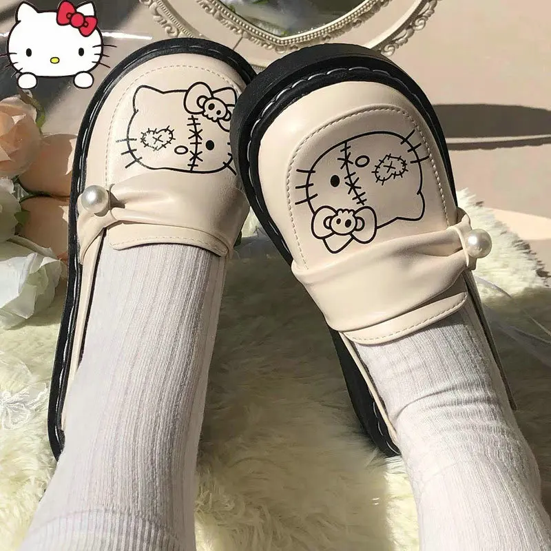 

Туфли Hello Kitty JK с круглым носком в японском и корейском стиле, мягкие кожаные туфли на плоской подошве, Женская Студенческая модная Уличная обувь в стиле "Лолита"