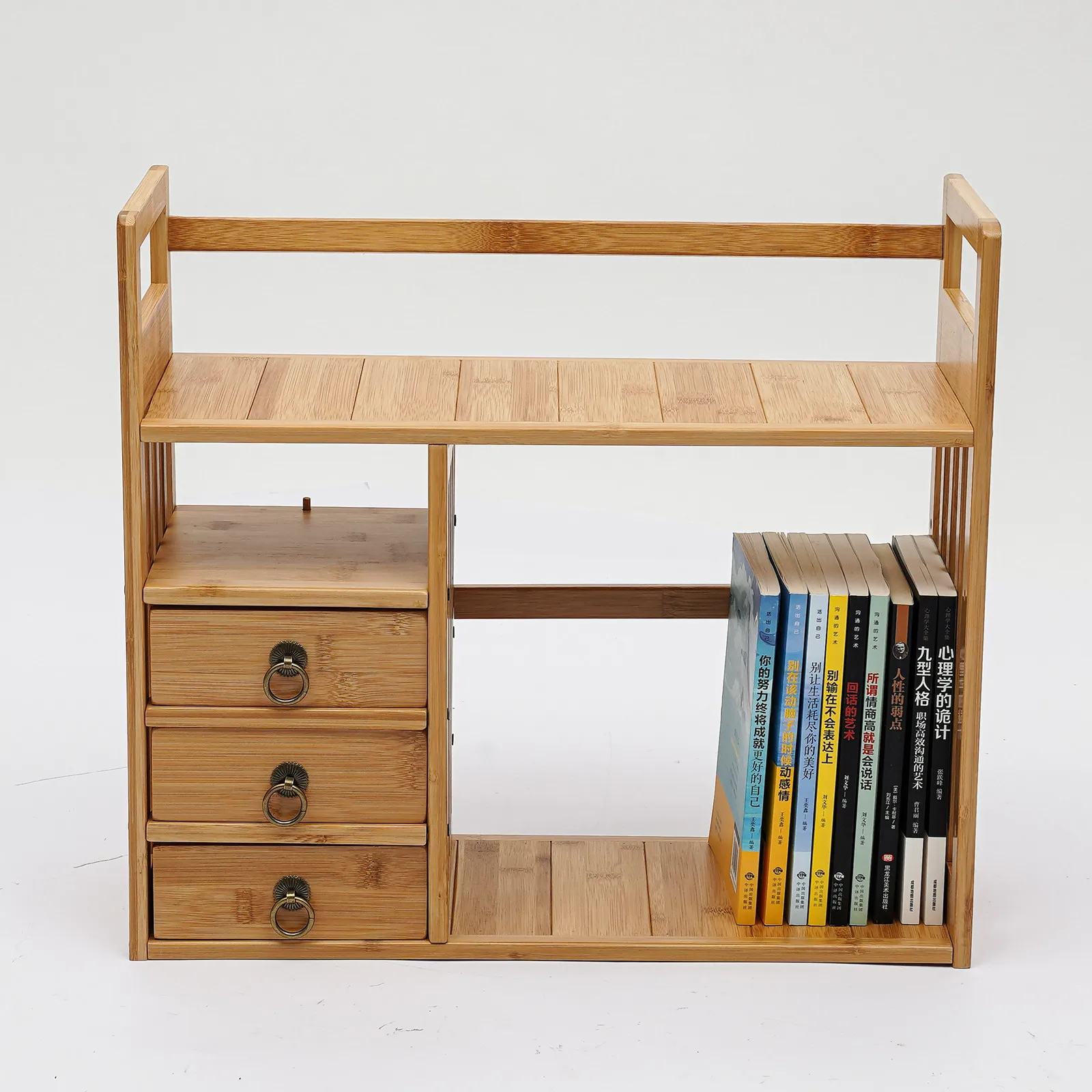 Bamboo Desktop Bookshelf with 3 Drawers, Desktop Storage Cabinet, Office Storage Organizer Student Desktop Multi-Layer Shelf 3