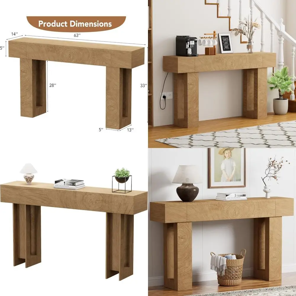 63 Natural Wood Rectangular Sofa Console Table for Entryway, Hallway ...
