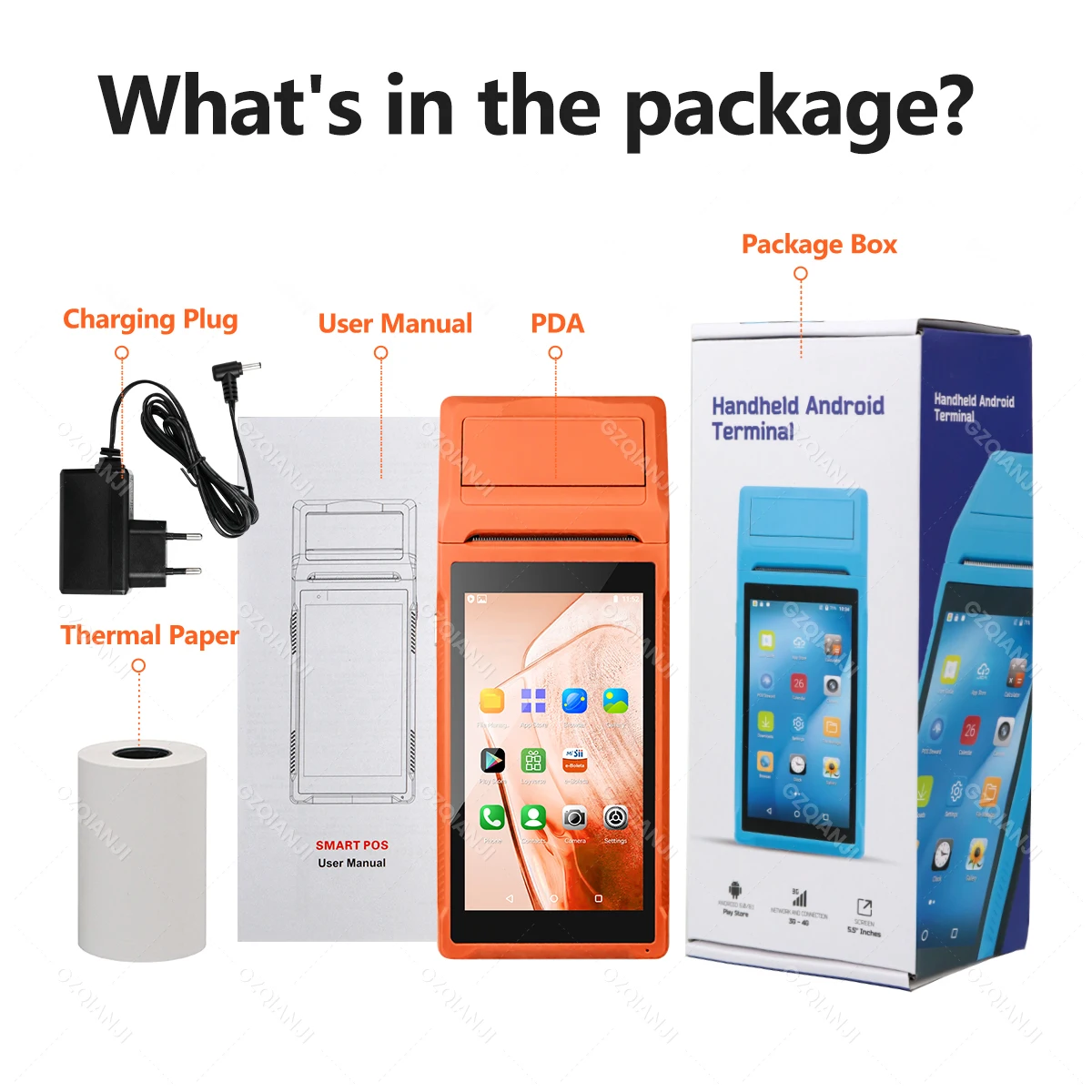 3G/4G Network Handheld POS Terminal Android12/ 8.1 OS Built-in 58mm Bluetooth Printer Wifi GPS Multiple Language Thernal Paper