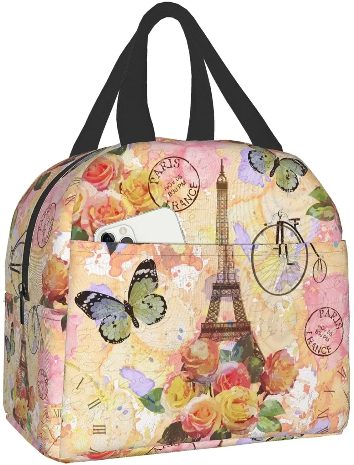 

Paris Eiffel Tower Butterfly and Flowers Lunch Bag Compact Tote Bag Reusable Lunch Box Container for Women School Office Work
