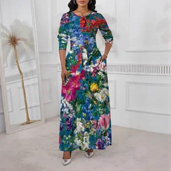 Abito ultra lungo da donna - stile casual elegante e ampio - design imperiale in vita - abito da sera - ha tasche 1