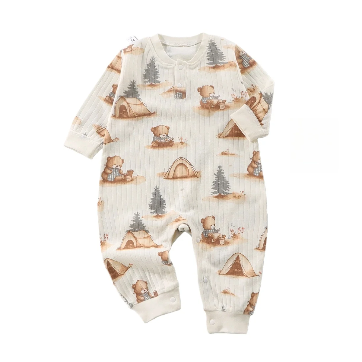 Baby Cartoon Print Long Sleeve Romper, Newborn Infant Ribbed Cotton Jumpsuit with Camping Animal Baby Onesie for Spring Autumn