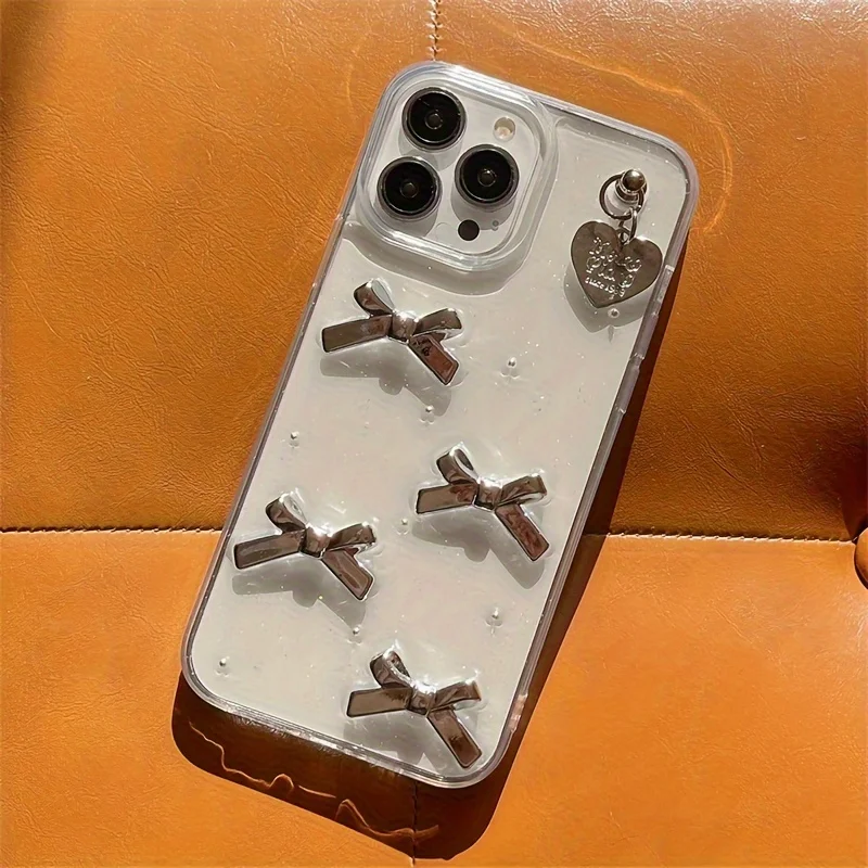 Funda con colgante de corazón de amor de Corea, carcasa transparente de epoxi, 3D, plata, Bowknot, Iphone 15, 14, 13, 12, 11 Pro, XS, Max, MiNi Plus, X, XR, Girl
