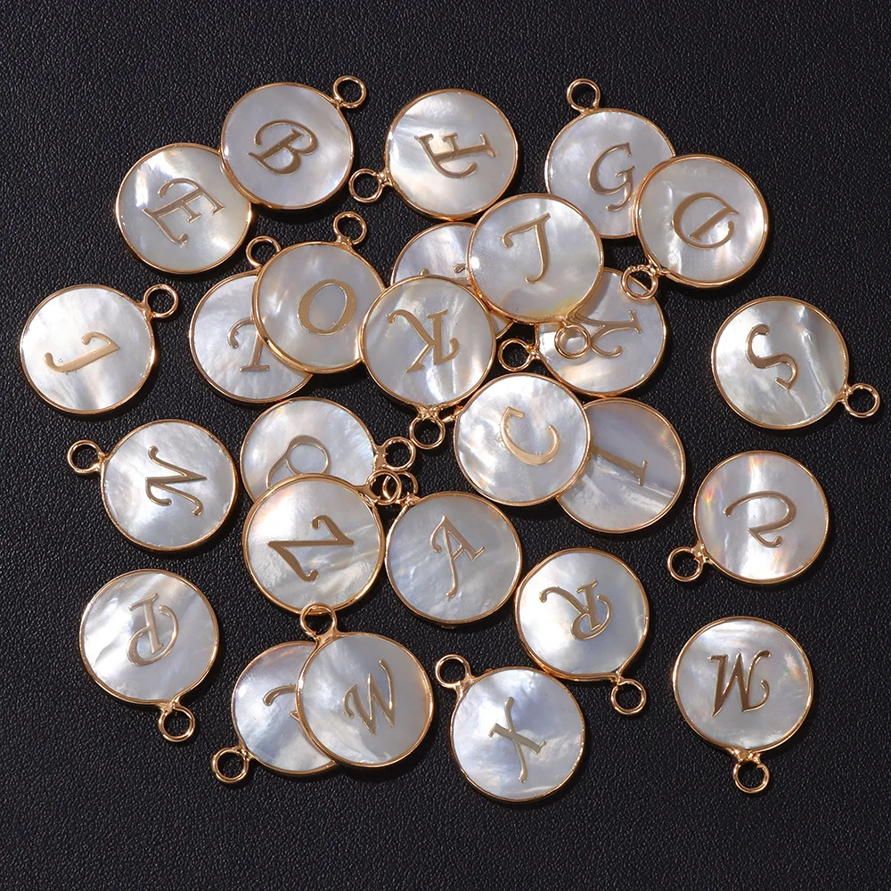 Fashion 26/set Letter Pendant Round Mother of Pearl Shell Alphabet Charm for Jewelry Making Necklace Earring Accessory Supplies