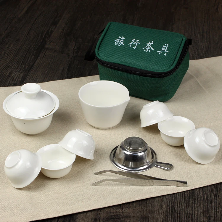 11 Pcs Travel Tea Sets Chinese Portable Ceramic Bone China Gaiwan Teacup Porcelain Tea Cup The Kung Fu Travel Set Bag