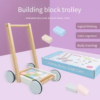 Wooden Baby Walker Push Toy with Building Blocks Early Learning Educational Walking Trainer for 1 2 3 Year Old Toddlers Kids 1
