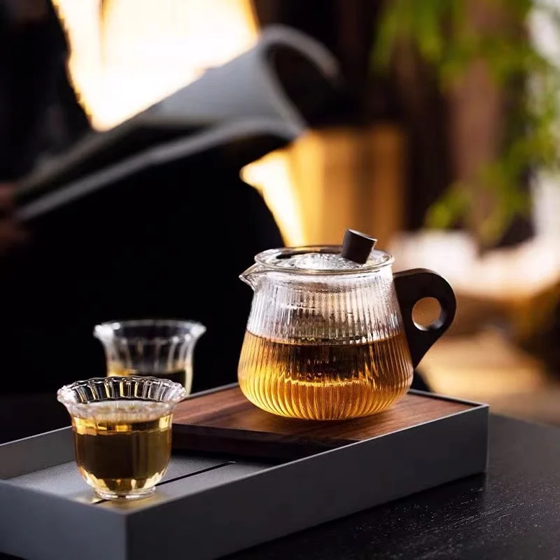 HMLOVE Heat Resistant Glass Stripe Teapot Wood Handle Chinese Kung Fu Tea Set Ceremony Household High Boron Silicon Teawear Cups