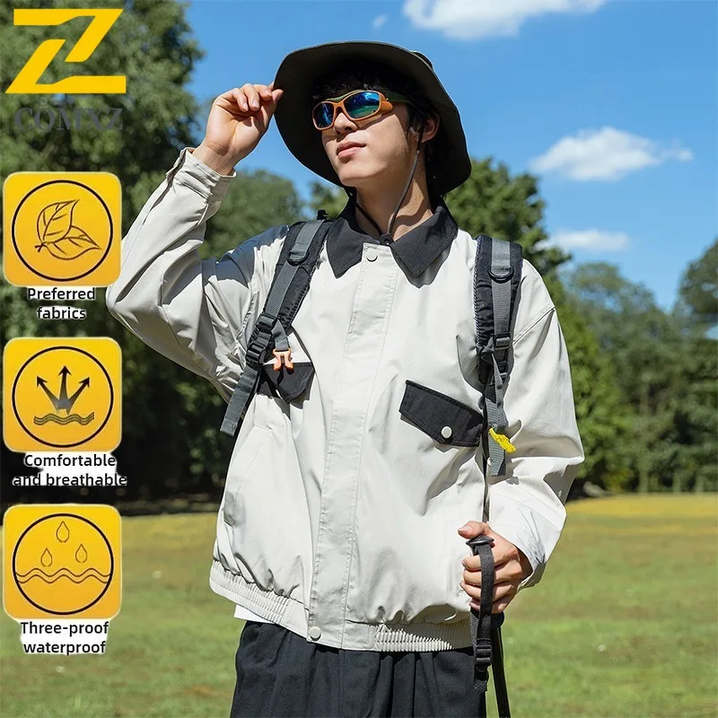 COMXZ 2025 Autumn New Jacket Men Color Block Shirt Collar American Coat Youth Hong Kong Style Casual Trend Lapel Workwear Jacket