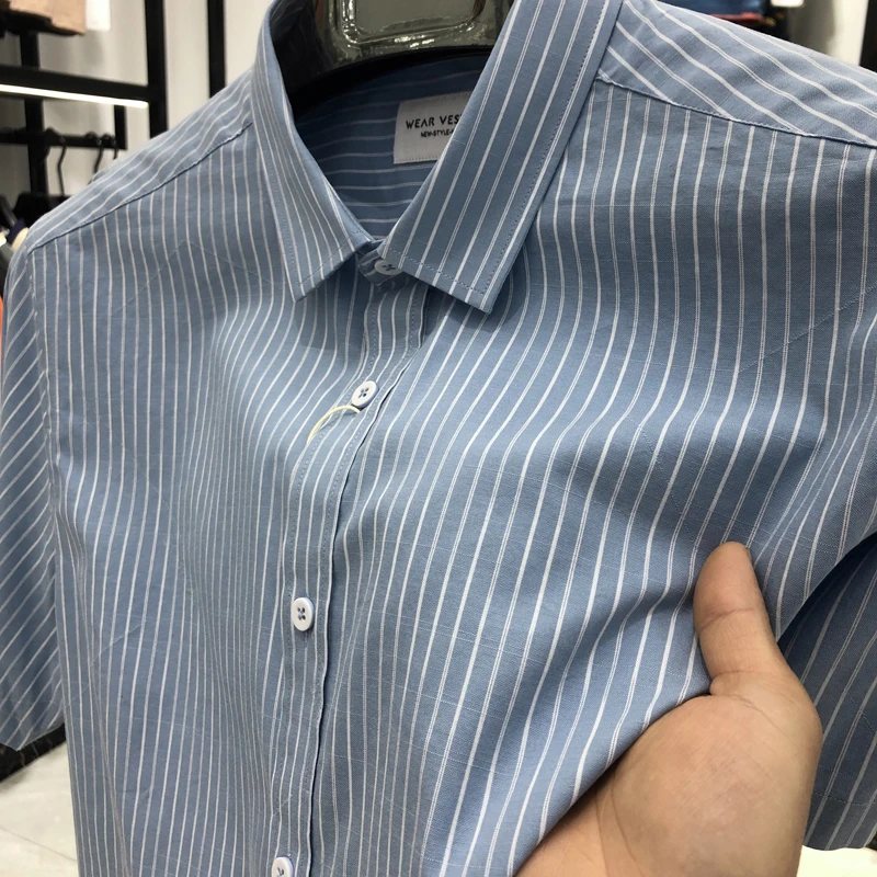 

High Quality Mercerized Cotton Men's Shirt 2023 Summer New Lapel Vertical Stripe Short Sleeved British Business 2023Casual Shirt