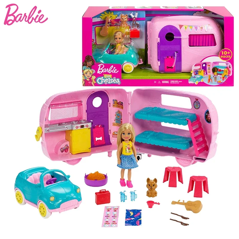 Genuino Barbie Club Camping Car Serie Chelsea Playset Con Doll Puppy Car House Trasformazione Di Giocattoli Per Ragazze Kid Brinquedos Regalo