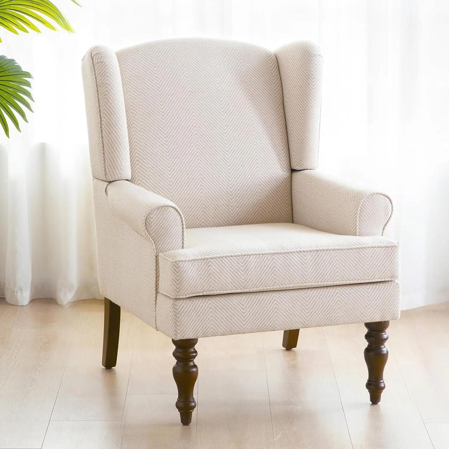 Living Room Chair Upholstered High Back Armchair Retro Printed Wingback Chair in Linen (Navy Blue) (1, Tan with Lines) 5