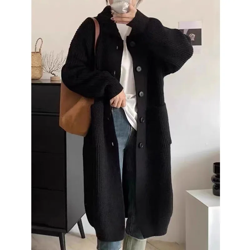 High Neck Sweater Women's Single Breasted Solid Color Long Sleeved Knitted Cardigan Mid Length Jacket Women's Spring and Autumn