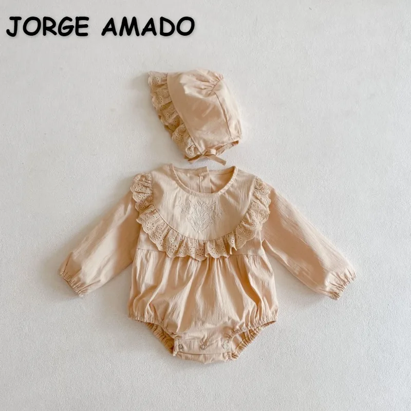 

Toddler Clothes Spring Autumn Baby Girl Boy Bodysuit Apricot O-neck Lace Patchwork Long Sleeve Jumpsuit Newborn Clothing E92471