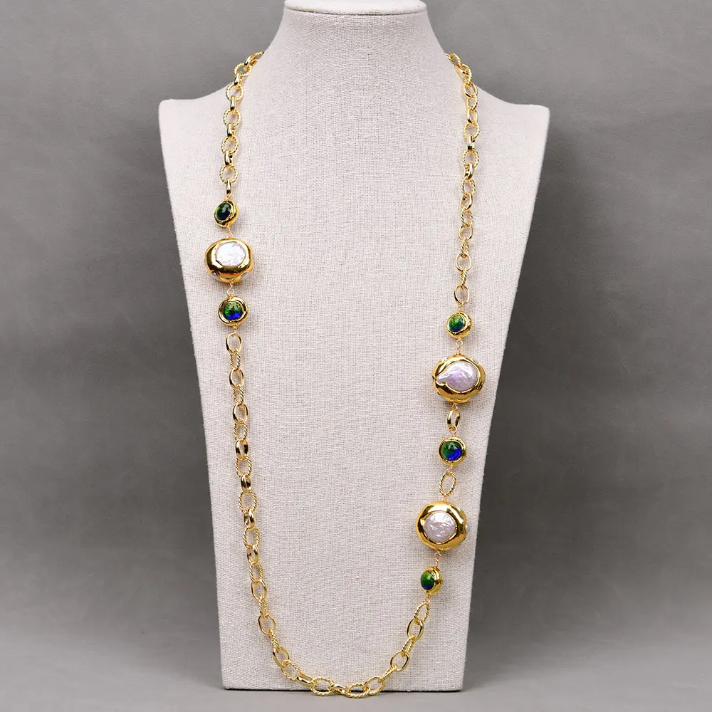 

GG 36" Freshwater Cultured White Keshi Pearl Blue Murano Glass Gold Plated Chain Long Necklace