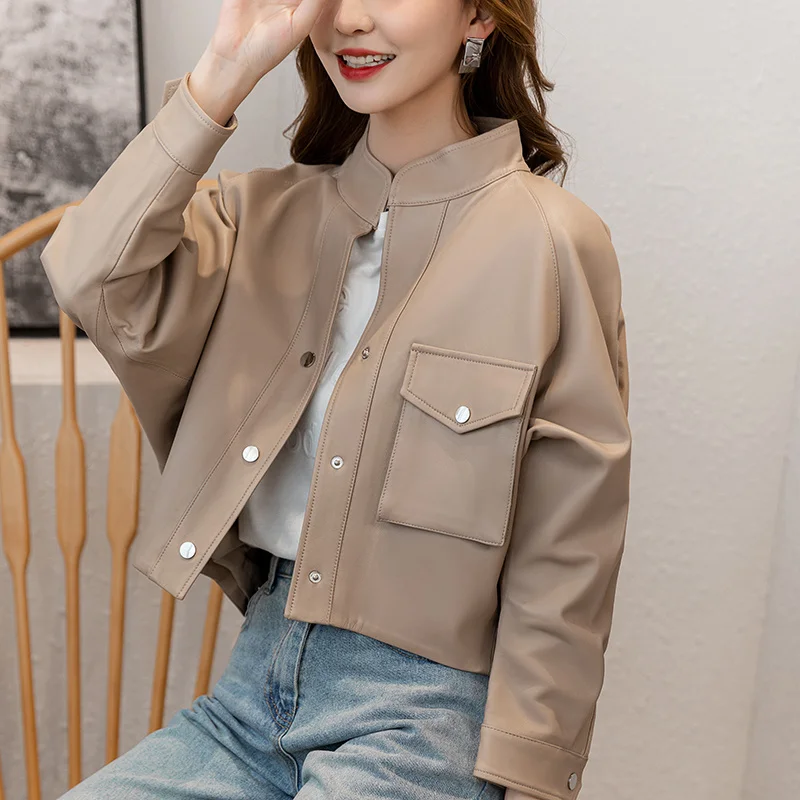 

Soft Sheepskin Coat for Women Spring Autumn 2024 New Simple Solid Casual Loose-fit Batwing Sleeve Genuine Leather Jackets