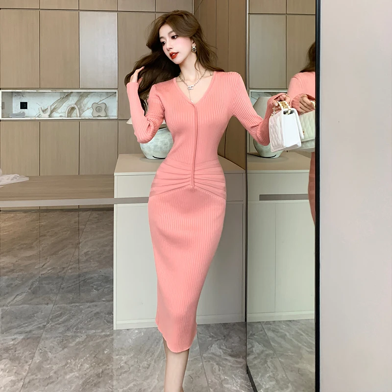 

Autumn New Woman Knit V-Neck Long Sleeve Midi Dress Elegant Solid Sheath Bodycon Sweater Basc Dress Knee-length