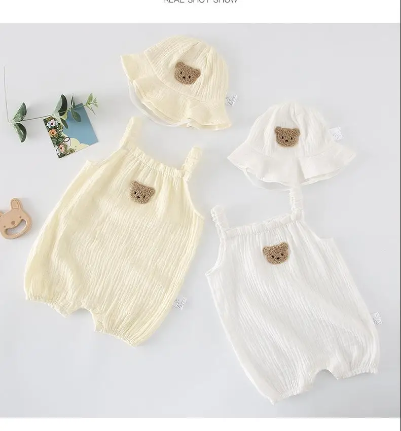 2022 Summer New Baby Sleeveless Bodysuit + Hat Thin Cotton Newborn Infant Cartoon Bear Clothes Baby Boy Jumpsuit Girl Overalls best baby bodysuits