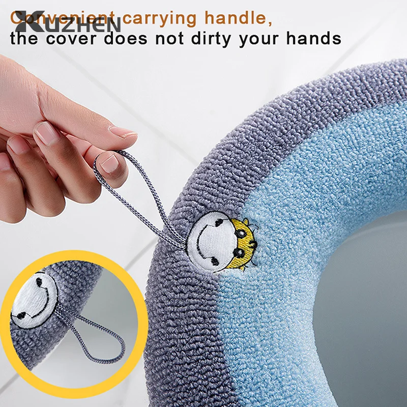 Winter Warm Toilet Seat Cover Mat Bathroom Toilet Pad Cushion With Handle Thicker Soft Washable Closestool Warmer Accessories