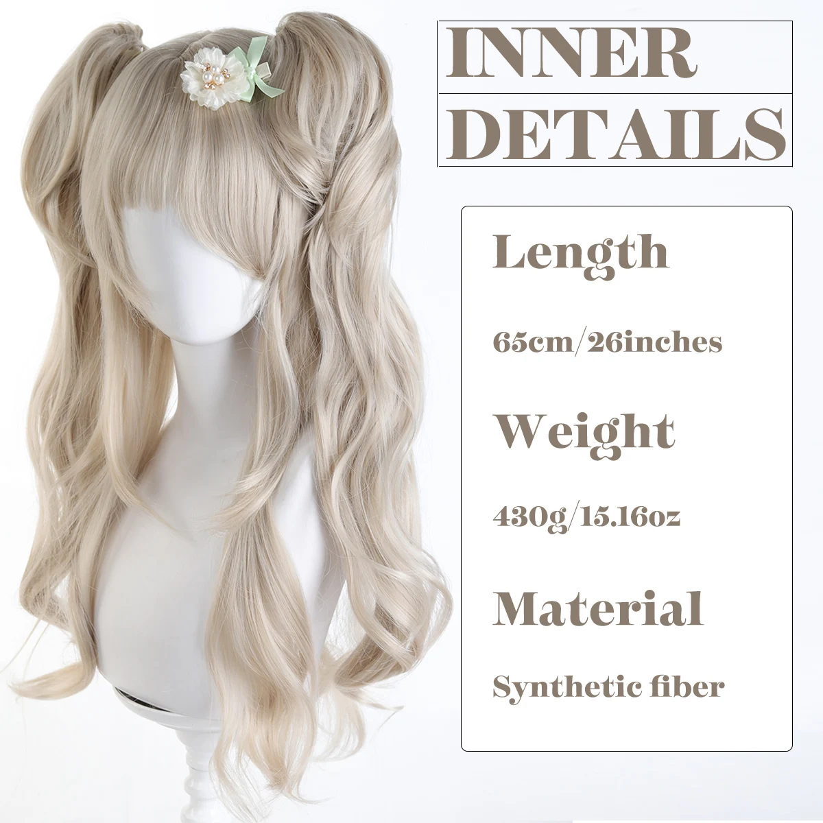 Synthetic platinum Lolita wig double ponytail natural curly wave female headgear wig long curly hair cosplay wig