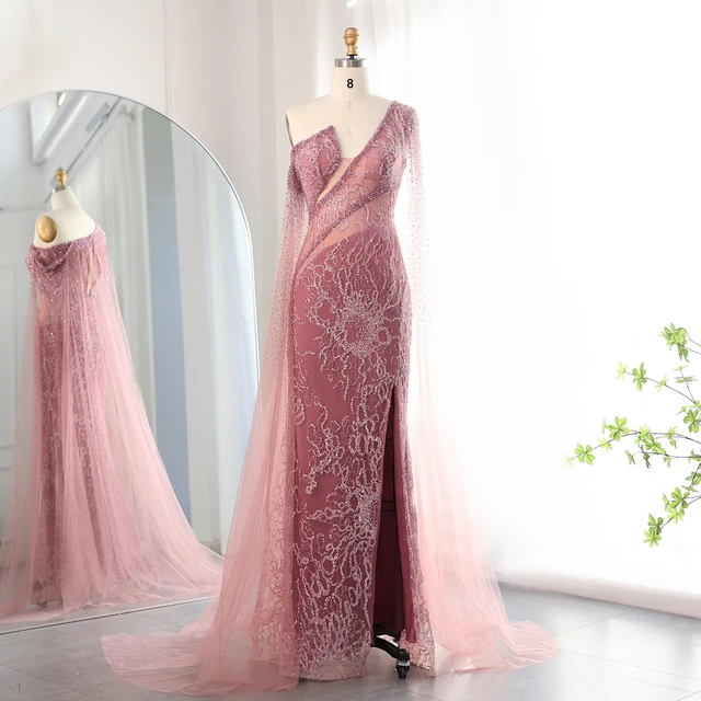 Elegant One Shoulder Mermaid Pink Evening Dresses with Cape Sleeves Side Slit Luxury Women Wedding Party Gowns 135 1