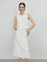 FSLE【Premium Series】Women Sleeveless Acetate Embroidered Shirt Skirt Sets Office Lady Temperament White Set 25FE12042+25FE12009