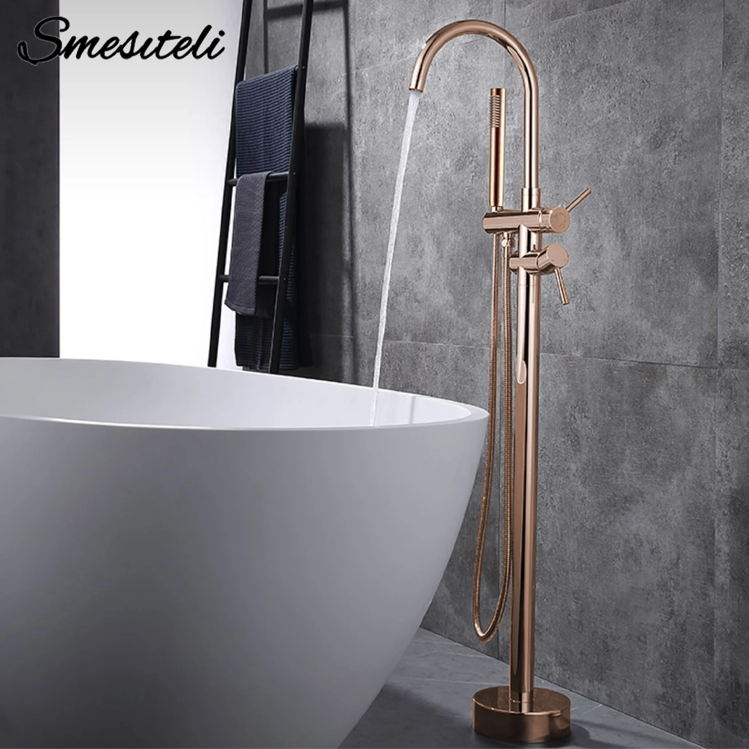 อิสระก๊อกน้ําอ่างอาบน้ําห้องน้ําอ่างฝักบัวDiverterชั้นติดตั้งTapทองเหลืองRose GoldสําหรับBath Spoutพร้อมHandshower 1