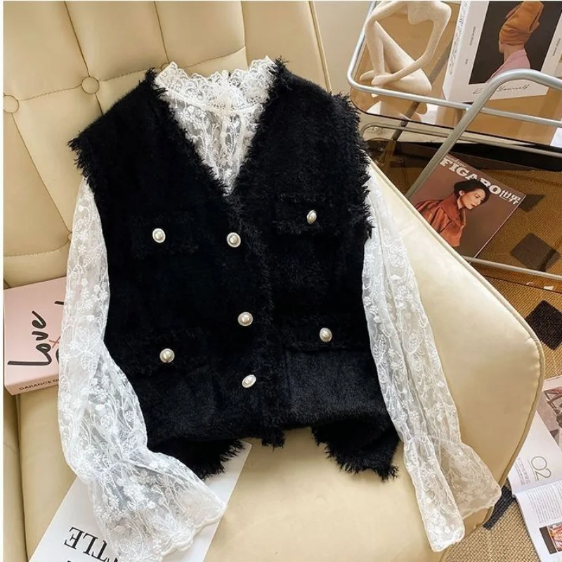 Women's Small Fragrance Sweater Vest Jacket Elegant V-neck Pearl Button Cardigan Pocket New  Fashion Casual Coat Top