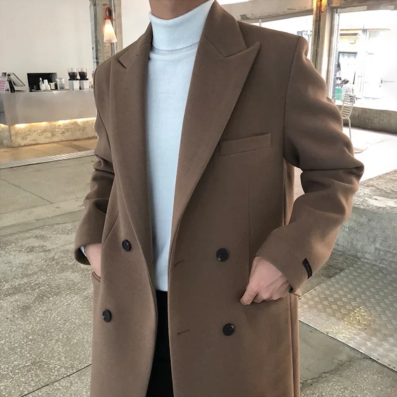Men's Autumn Winter Mid Length Woolen Coat New Korean Tide Black Thickned Overcoat Long Sleeve Double-breasted Jackets