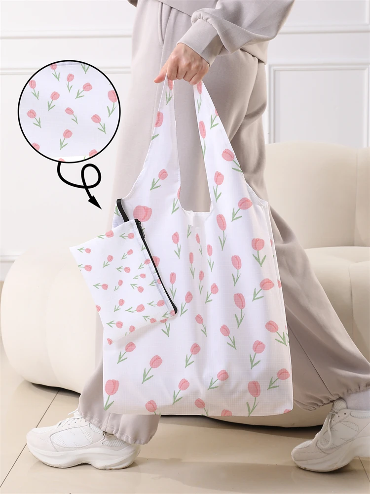 Women's Foldable Cartoon Tulip Pattern Large Shopping Bag Foldable Storage Reusable Easy to Carry Capacity Handbag