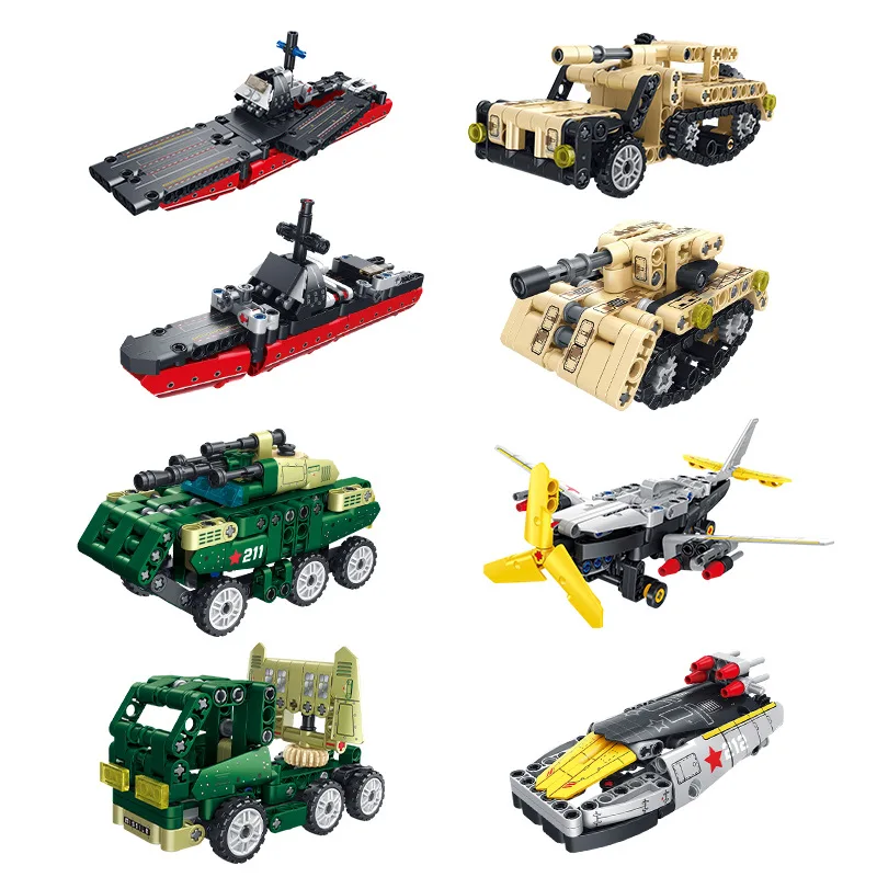 

2 in 1 Military Vehicles Block DIY Mini Tank Warship Plane Chariot Building Brick Toys For Boys Kids