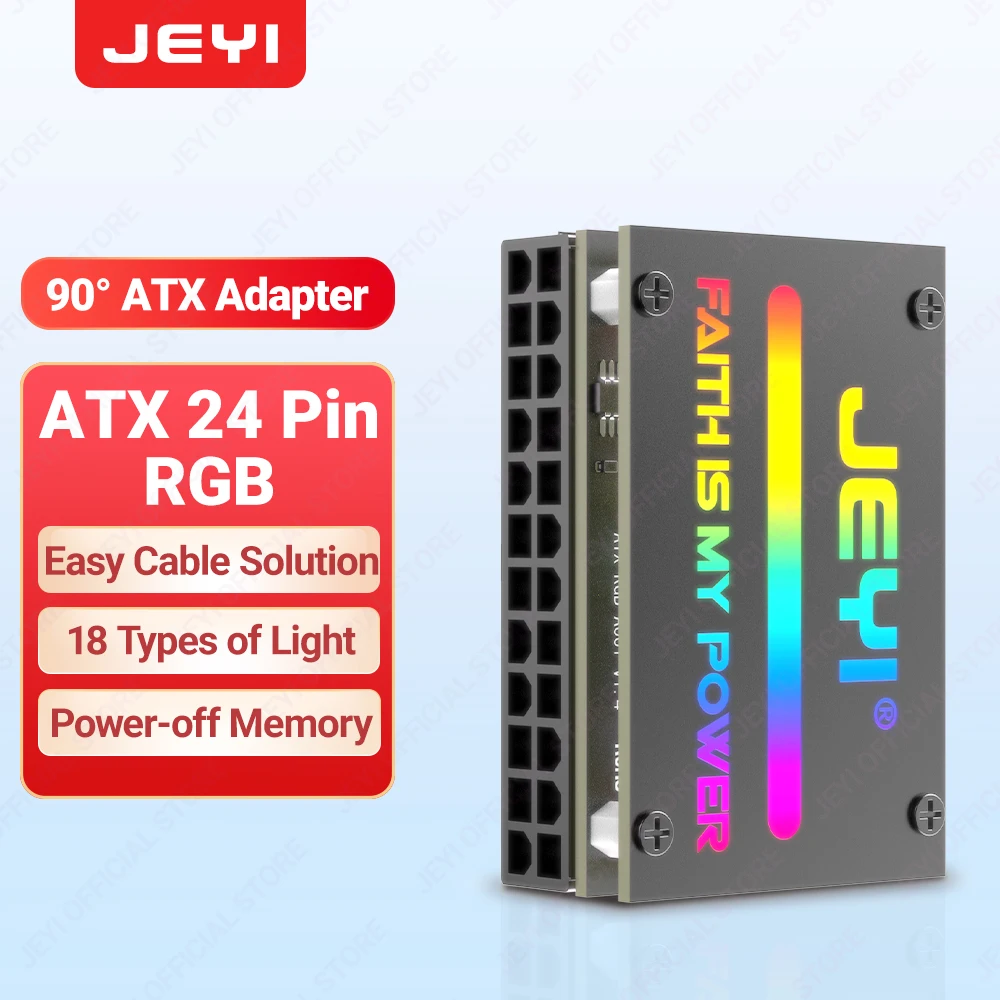 JEYI ATX 24 Pin 90 ° RGB-Adapter, 18 Lichtmodi, Buchse auf 24-poliger Stecker, 90-Grad-Motherboard-Netzteil für Desktops, PC-Versorgung