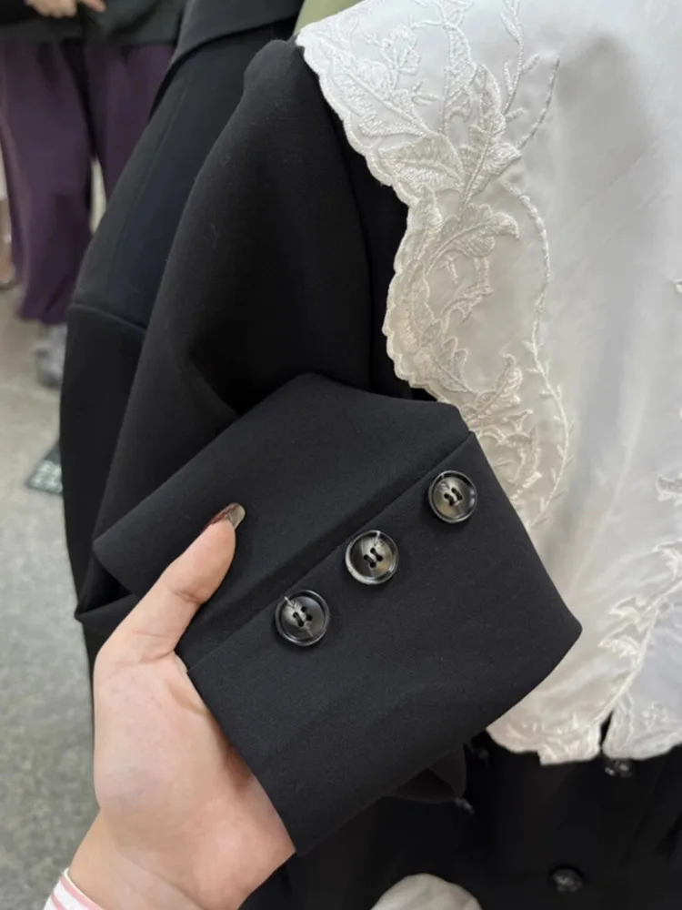 [LANMREM] Lace Spliced Mid-length Blazers For Women Double Breasted Long Sleeve Office Lady Jackets 2024 Spring New 26D8895