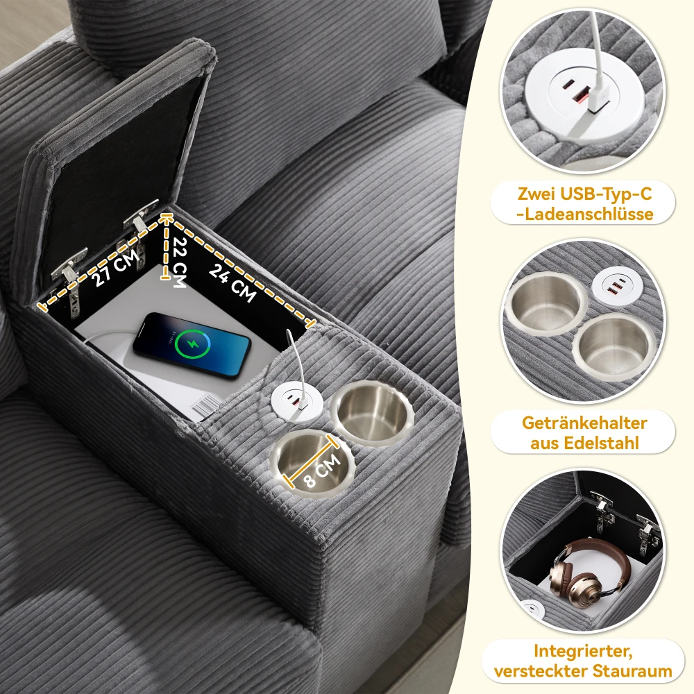 Geräumiges U-förmiges Sofa mit Stauraum, übergroßer Cordplatte und Kissen, Getränkehalter und 2 USB-Anschlüsse aus Edelstahl – Detail 32