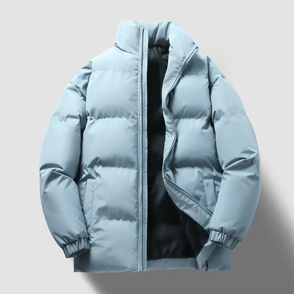 

Men Winter Down Coat Thickened Padded Stand Collar Neck Protection Windproof Warm Soft Long Sleeve Zipper Closure Elastic Cuff L