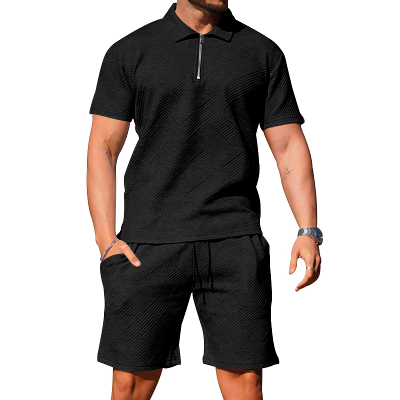Summer High-quality Men's Suit Texture Jacquard Craft Casual Sports Suit Slim Polo Shirt Shorts Two-piece Men's Clothing
