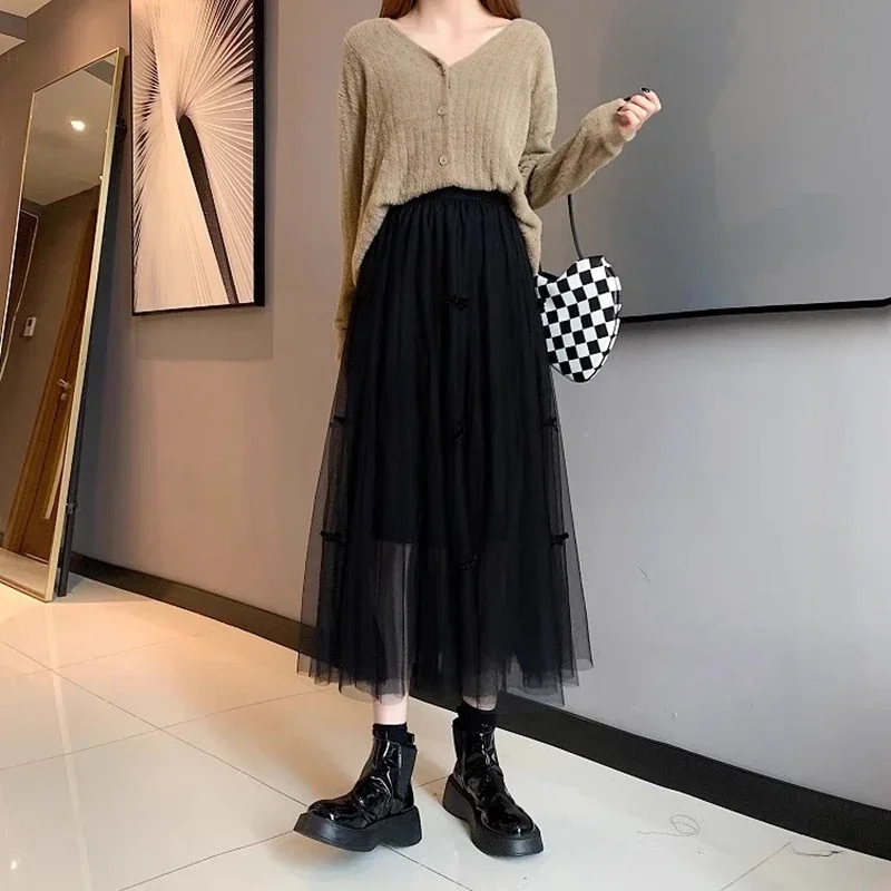 Elegant Black Tulle Skirts Women 2025 Fashion Casual High