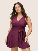 Plus Size One Piece Swimsuit Women Solid Swimwear Tummy Control Bathing Suits Bandage Cover Up Swim Dress - Image 5